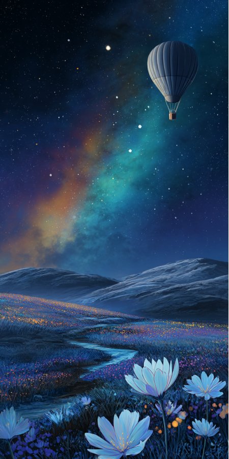 热气球夜空漫游蓝紫梦幻插画风星河花海交织手机壁纸