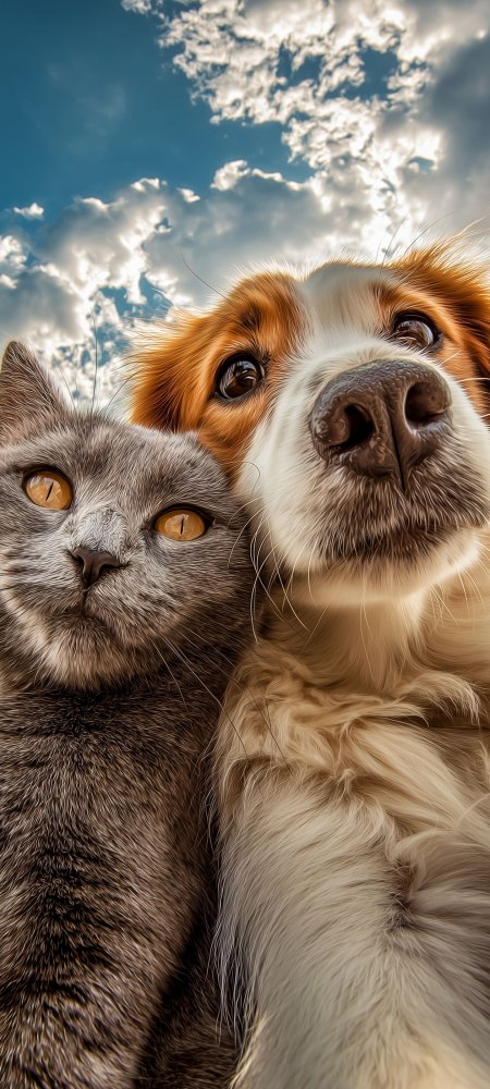 暖金色调猫狗宠物写真灰猫棕白相间犬毛发细节温馨治愈手机壁纸