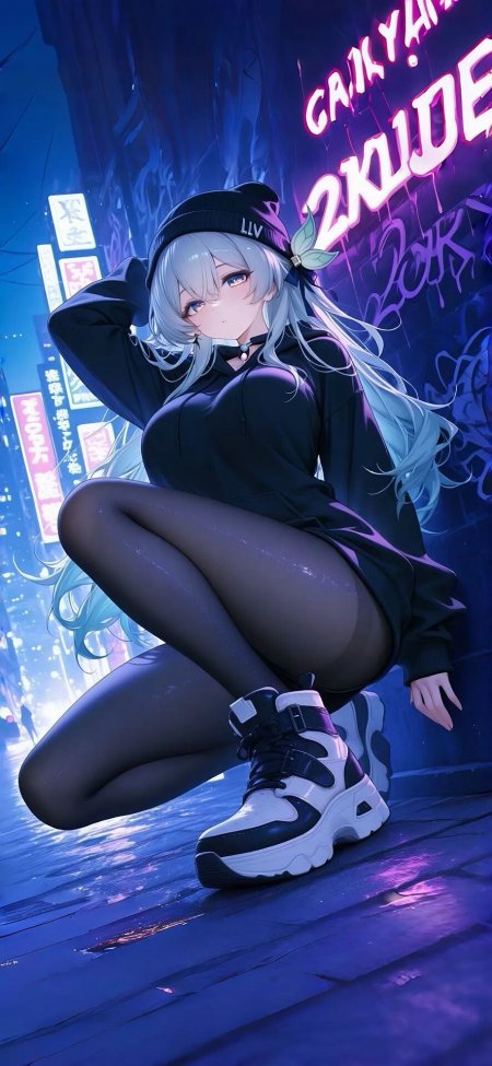 银发少女霓虹街景蓝紫冷调赛博朋克风格手机壁纸