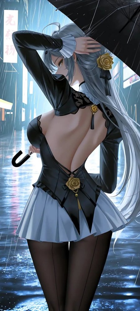 银发少女雨中持伞哥特洛丽塔手机壁纸