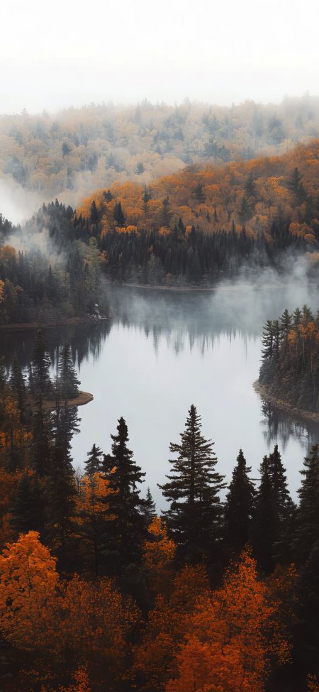 雾中秋林湖景唯美风光手机壁纸
