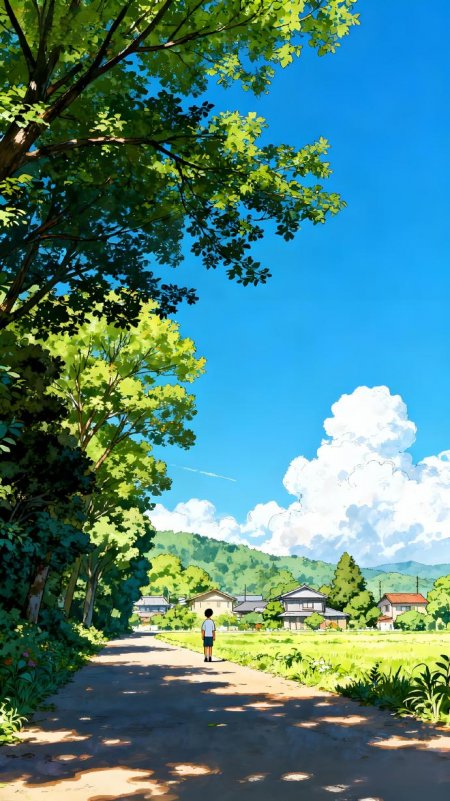 绿荫小径乡村景蓝空白云日系风手机壁纸