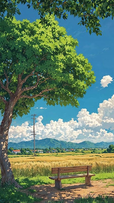 绿树金田蓝天白云日系清新田园风手机壁纸