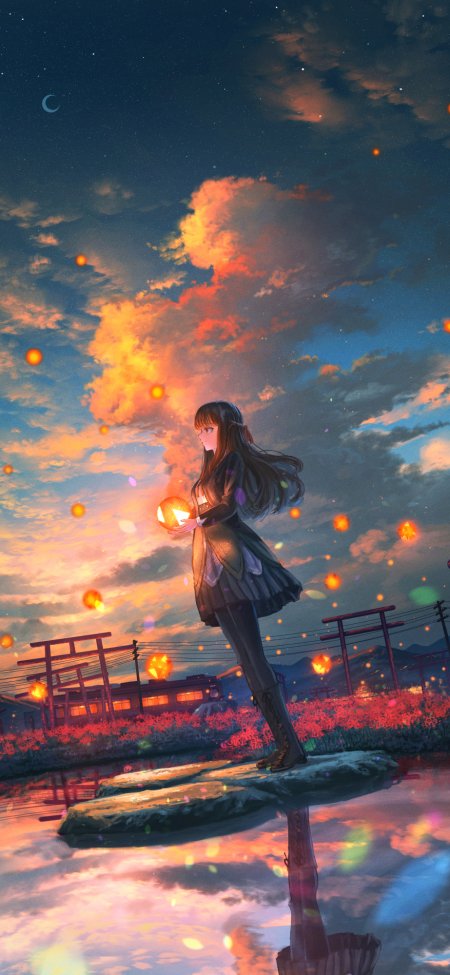 少女持灯立水边橙蓝渐变梦幻风日式夜景唯美手机壁纸