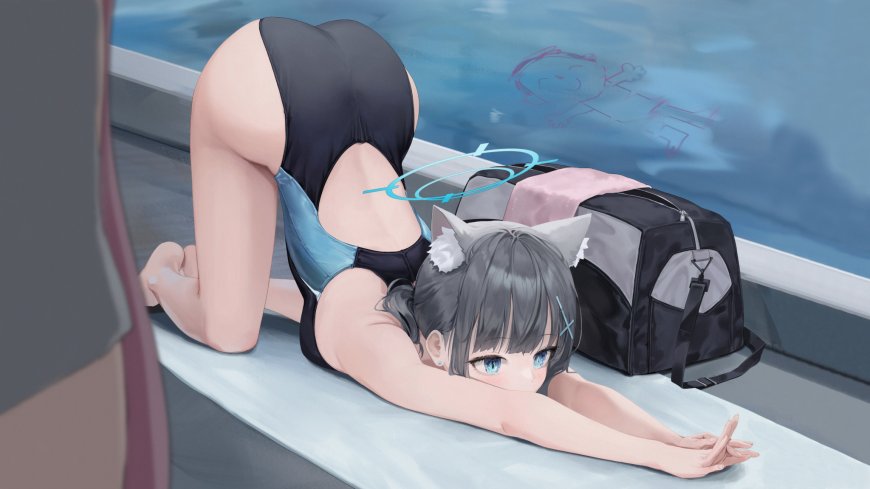 猫耳女孩泳装趴泳池边休闲放松二次元电脑壁纸