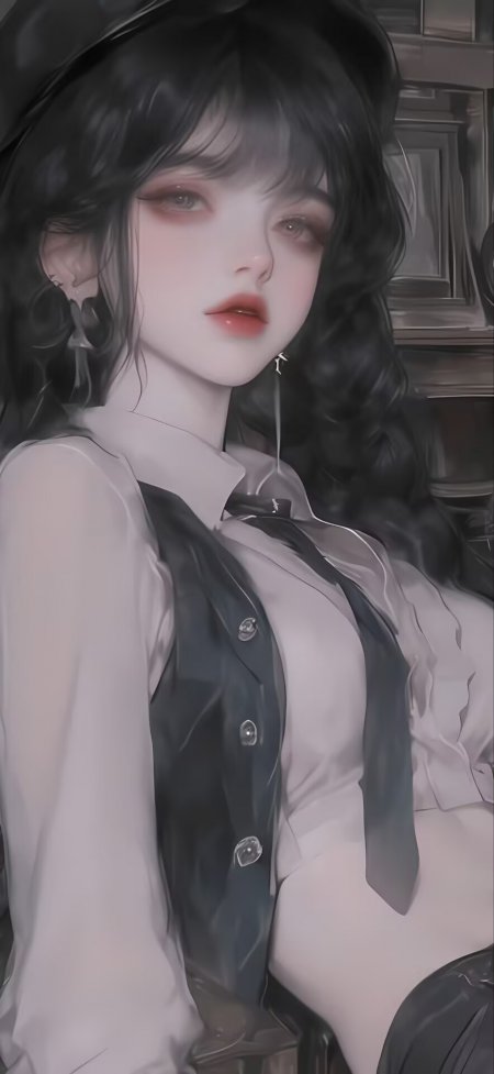 黑发少女灰粉色调日系二次元风格手机壁纸