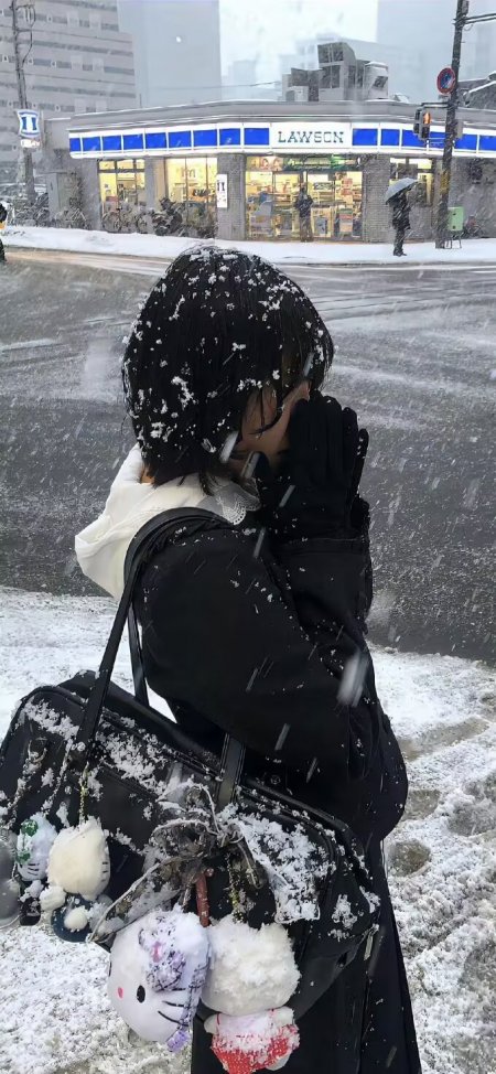 雪中少女背影黑白日系街头写实手机壁纸