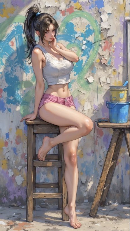 少女坐木凳彩绘墙前清新写实粉白主调手机壁纸