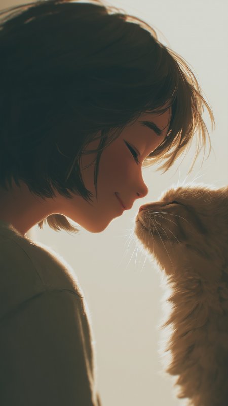 温馨女孩与猫咪亲密瞬间手机壁纸