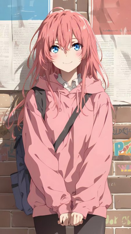 粉发蓝眼少女穿粉色卫衣暖粉清新日系插画手机壁纸