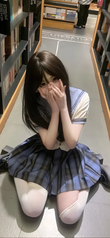 图书馆蓝白格裙制服少女捂脸跪坐冷调清新日系手机壁纸