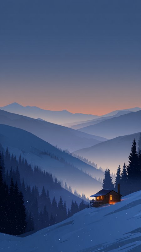 雪山小屋夜景蓝紫渐变扁平插画风格手机壁纸
