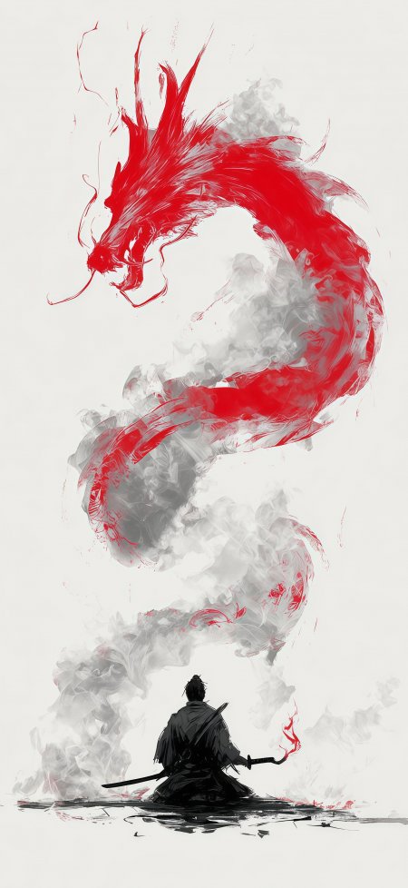 红龙盘旋武士静坐水墨风格红黑白调手机壁纸