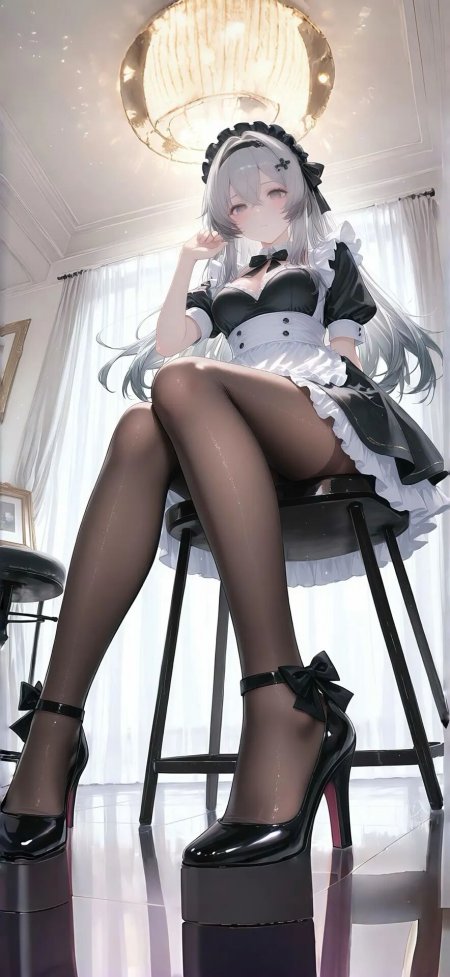 银发女仆高脚凳黑白精致日系二次元手机壁纸