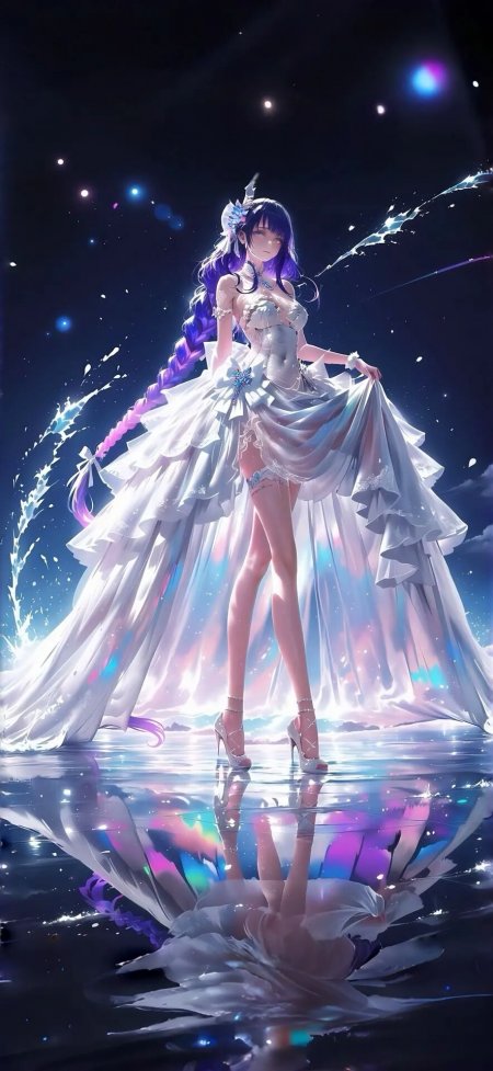 原神雷电将军梦幻白裙星空水镜蓝紫奇幻唯美手机壁纸
