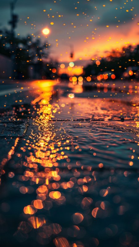雨夜街景暖橙冷蓝交织梦幻光斑散景手机壁纸