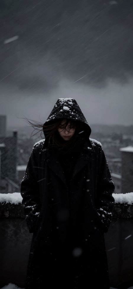 雪中黑衣hooded冷灰暗调忧郁写实手机壁纸