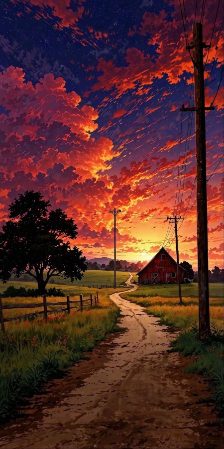 乡村小径夕阳暖橙红紫调梦幻插画风手机壁纸