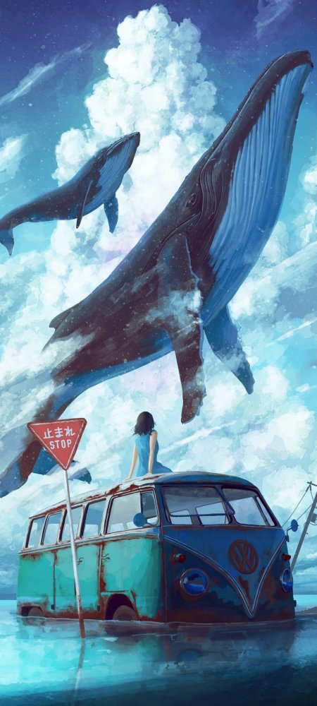蓝调梦幻少女坐复古巴士仰望飞鲸青蓝白超现实手机壁纸