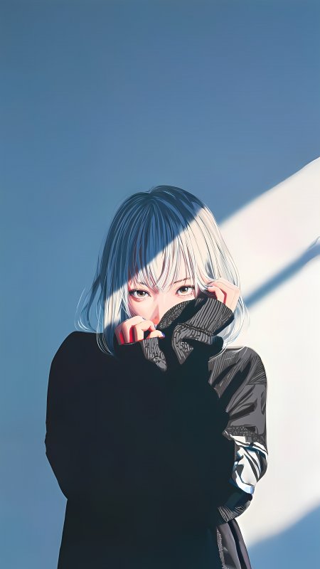 蓝调光影动漫少女冷色调写实风格手机壁纸