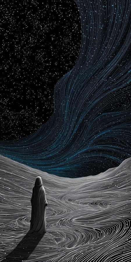 星空下孤影凝望蓝黑线条科幻抽象手机壁纸