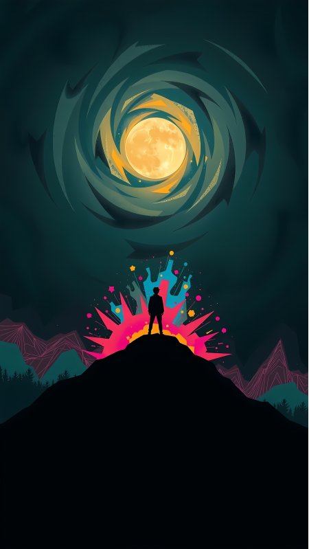 月夜漩涡剪影人物深蓝绿霓虹赛博朋克插画手机壁纸