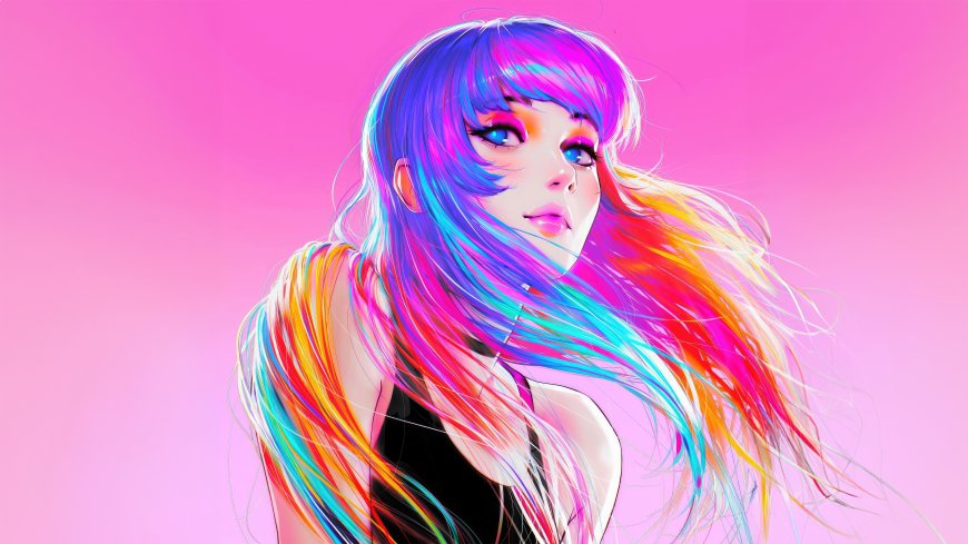 霓虹色长发动漫少女粉色背景艺术插画电脑壁纸