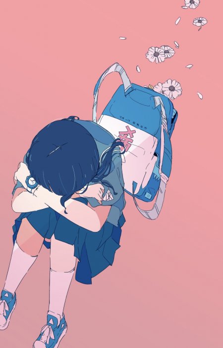 蓝发少女抱背包粉背景配白花日系清新插画手机壁纸