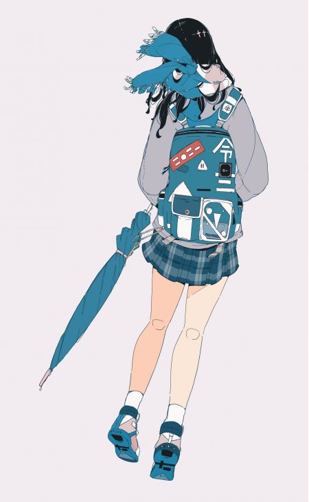 蓝调少女日系动漫背包雨伞校园手机壁纸