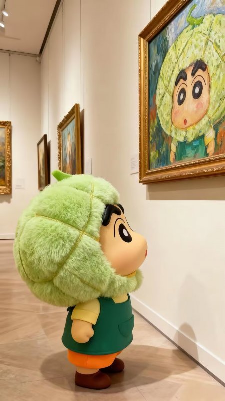 蜡笔小新戴白菜头套观画清新绿调可爱手机壁纸
