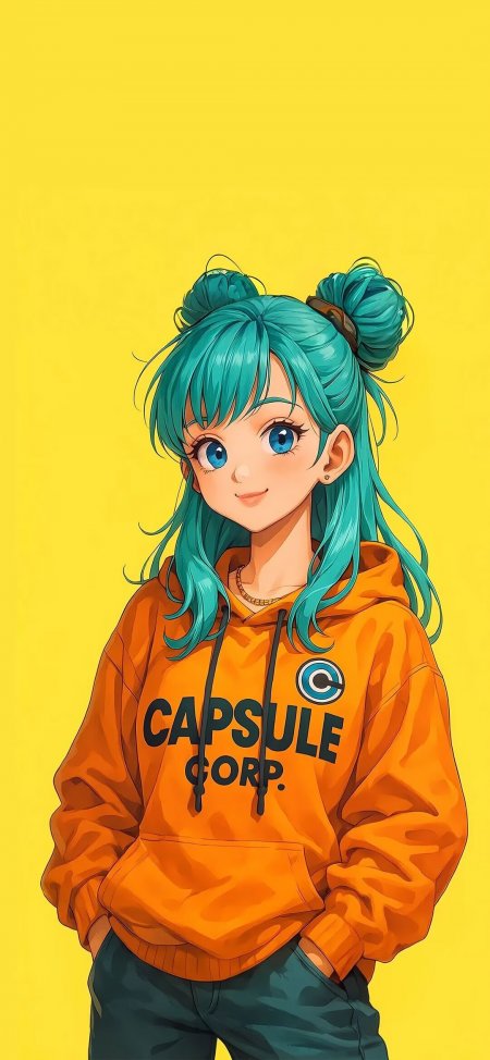 蓝发双丸子少女橙色卫衣清新动漫手机壁纸