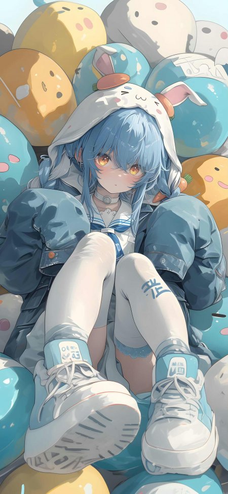 蓝发少女兔耳帽糖果色萌系动漫手机壁纸
