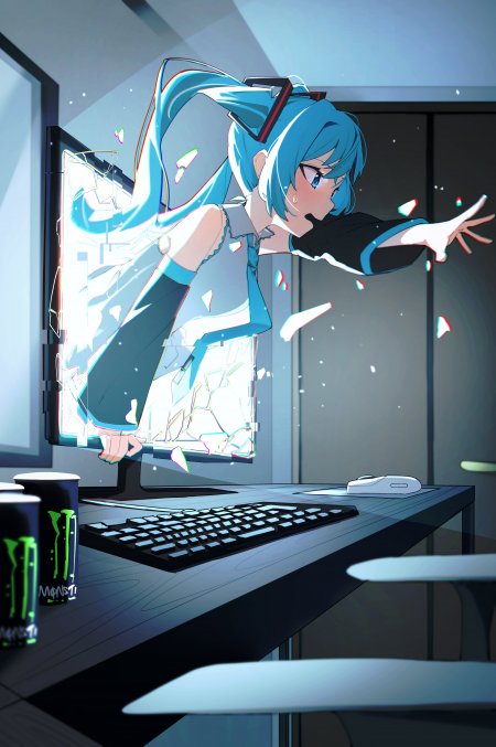 初音未来破屏而出冷色调赛博朋克风格手机壁纸