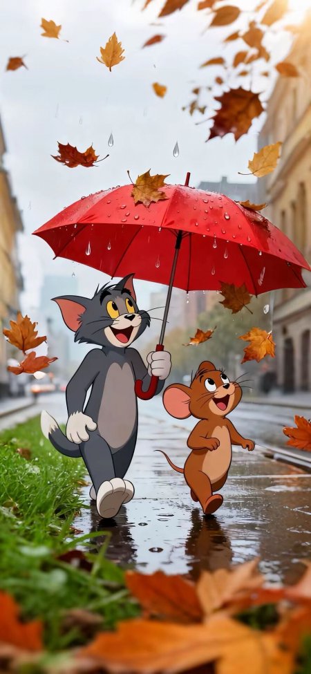 汤姆与杰瑞雨中同行暖橙秋叶飘落红伞温馨治愈插画手机壁纸