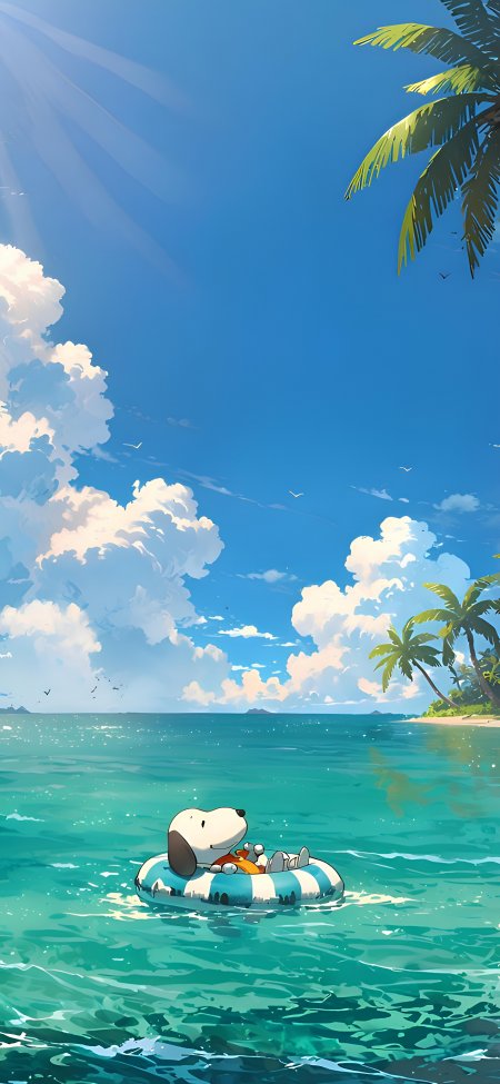 史努比海滩漂浮卡通夏日场景手机壁纸