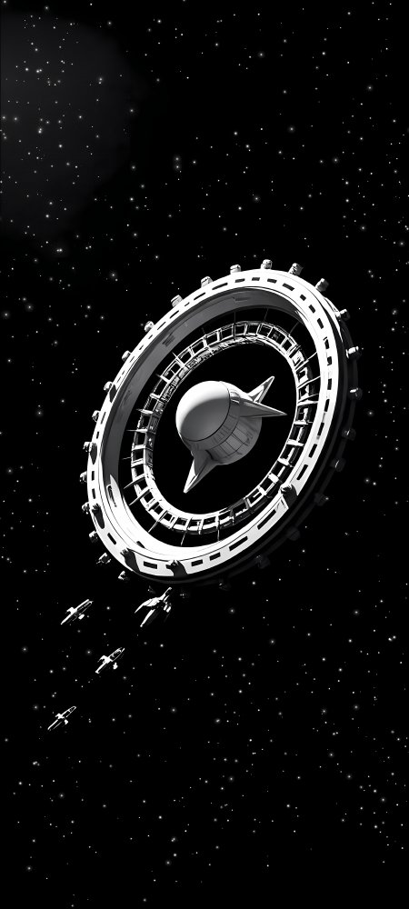 太空环形空间站飞船黑白高对比硬科幻写实风格手机壁纸
