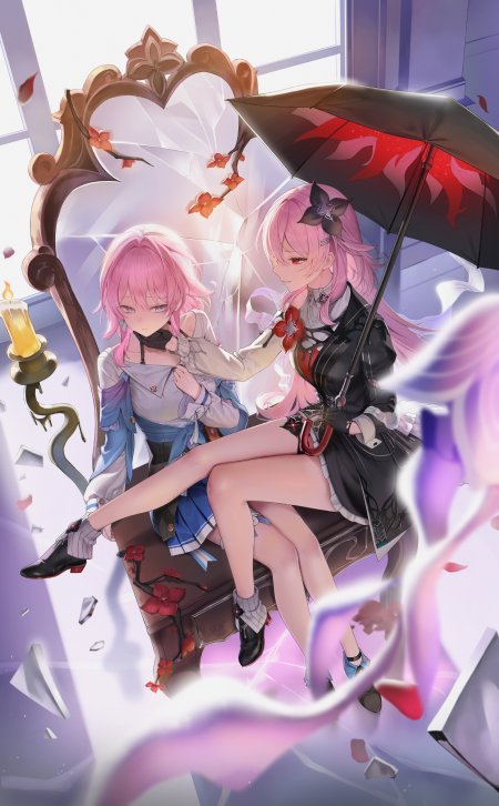 粉发少女心形椅紫粉梦幻唯美二次元手机壁纸