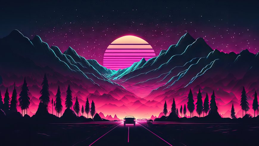 赛博朋克风格山脉日落霓虹汽车道路科幻场景电脑壁纸