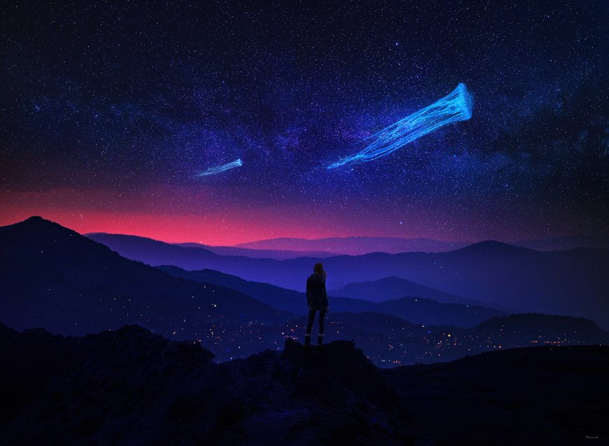 星空下少女仰望蓝色光Jellyfish流星山峦夜景电脑壁纸