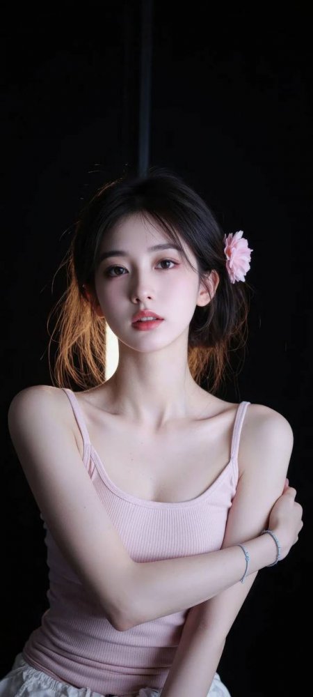 粉色吊带少女黑发别花温柔凝视手机壁纸