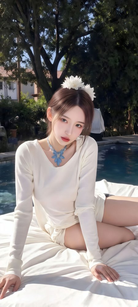 白色长袖套装少女泳池边坐姿花饰蓝项链手机壁纸