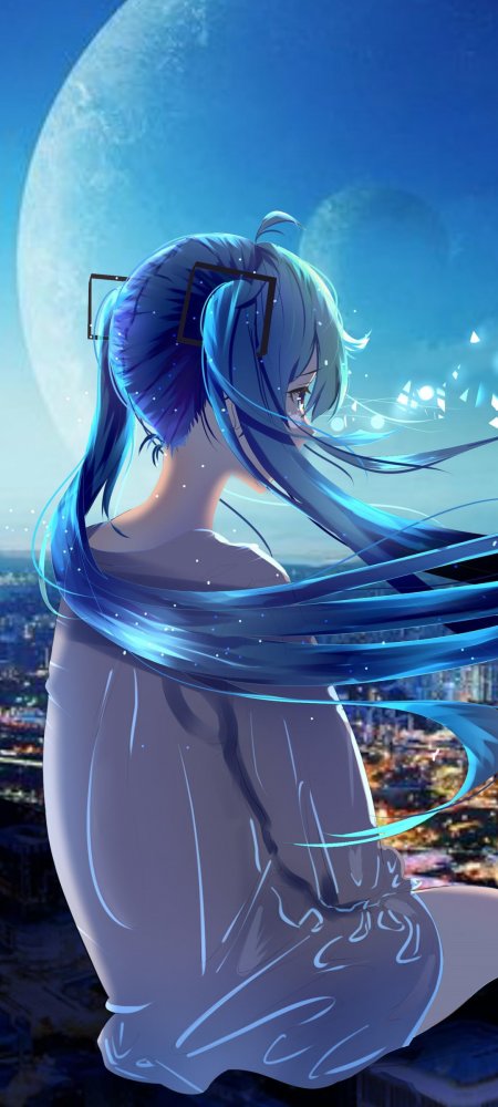 初音未来蓝发双马尾月夜城市眺望手机壁纸