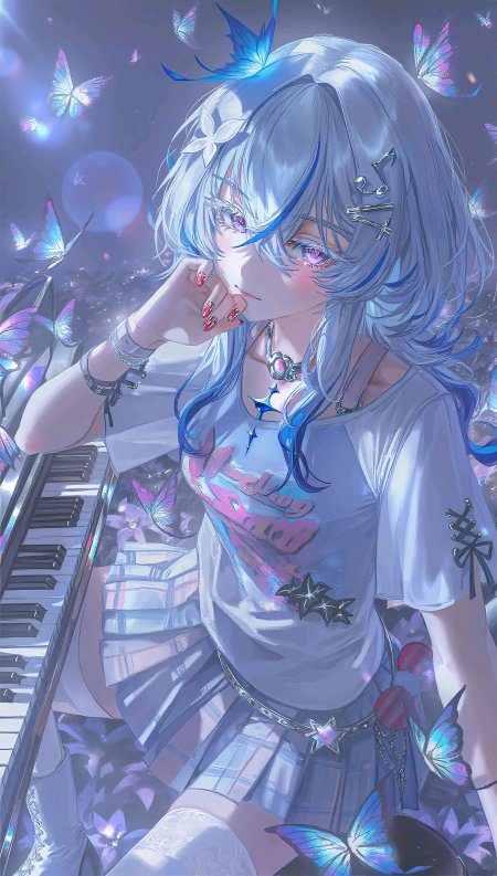 蓝发蝴蝶少女钢琴演奏梦幻场景手机壁纸