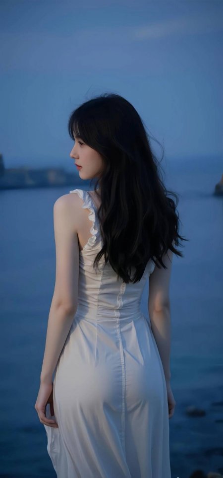 海边蓝调长发女子白色褶皱连衣裙侧身凝望手机壁纸