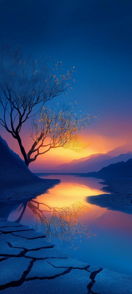 黄昏湖畔孤树倒影山水风景手机壁纸