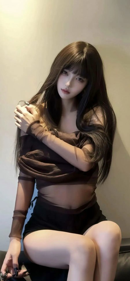 黑发少女透明纱袖坐姿摄影壁纸
