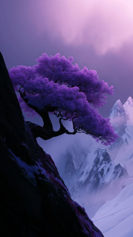 紫色樱花树悬崖雪峰梦幻风景手机壁纸
