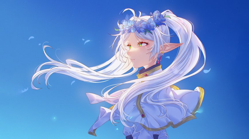 梦幻蓝发精灵少女飘逸长发星空背景电脑壁纸