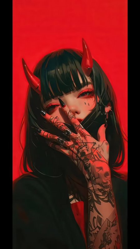 暗黑系恶魔少女红瞳纹身角饰手机壁纸