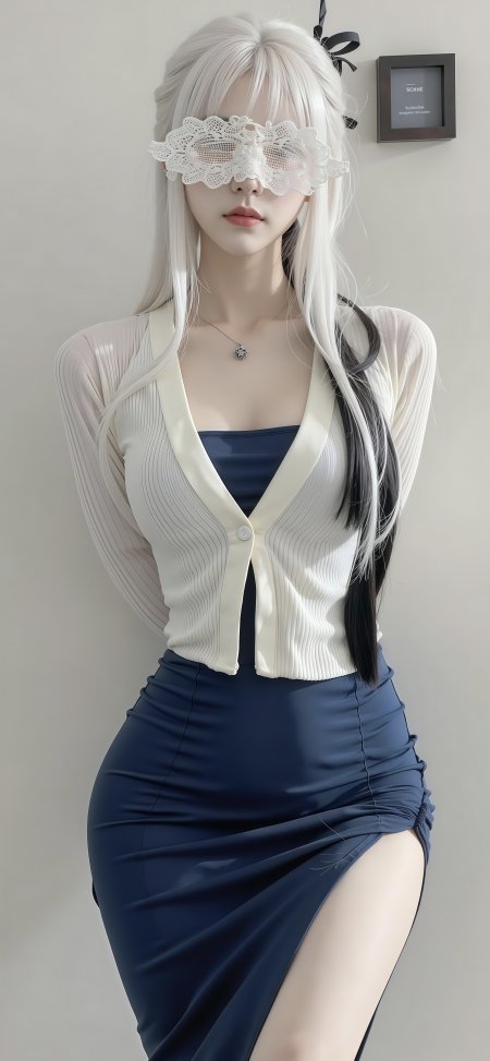 白发少女蕾丝眼罩优雅手机壁纸